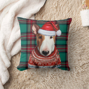 Bull Terrier Rot und Grün Karierter Weihnachtsurla Kissen