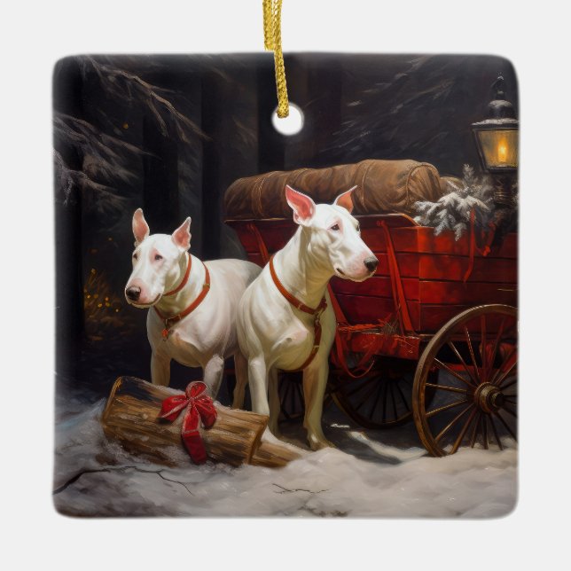 Bull Terrier Snowy Sleigh Weihnachtsdekor Keramikornament (Vorderseite)