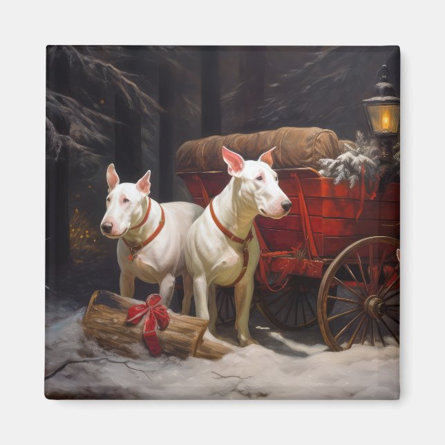 Bull Terrier Snowy Sleigh Weihnachtsdekor Magnet (Vorne)