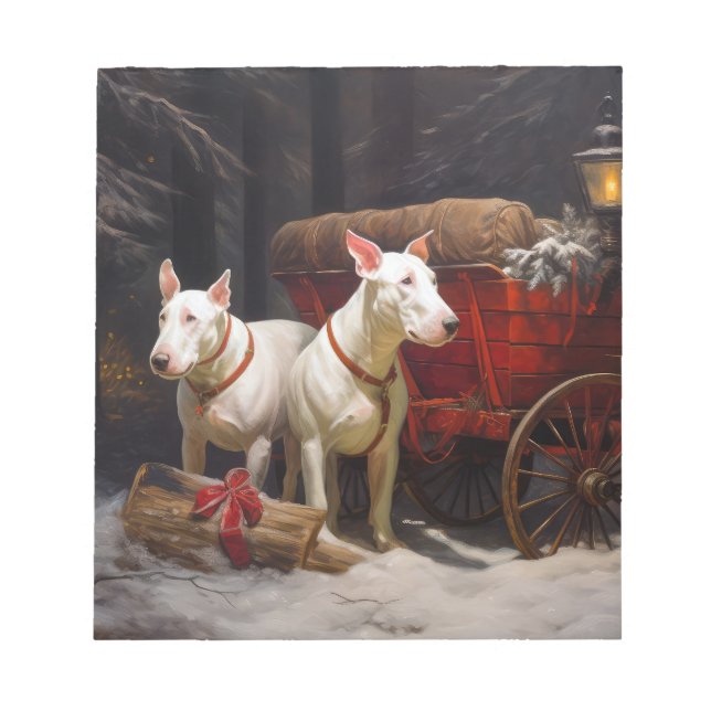 Bull Terrier Snowy Sleigh Weihnachtsdekor Notizblock (Vorderseite)