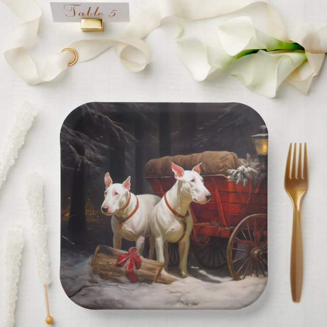 Bull Terrier Snowy Sleigh Weihnachtsdekor Pappteller (Hochzeit)