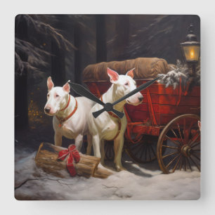 Bull Terrier Snowy Sleigh Weihnachtsdekor Quadratische Wanduhr