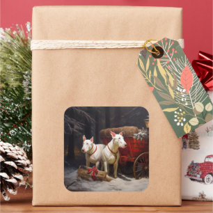 Bull Terrier Snowy Sleigh Weihnachtsdekor Quadratischer Aufkleber