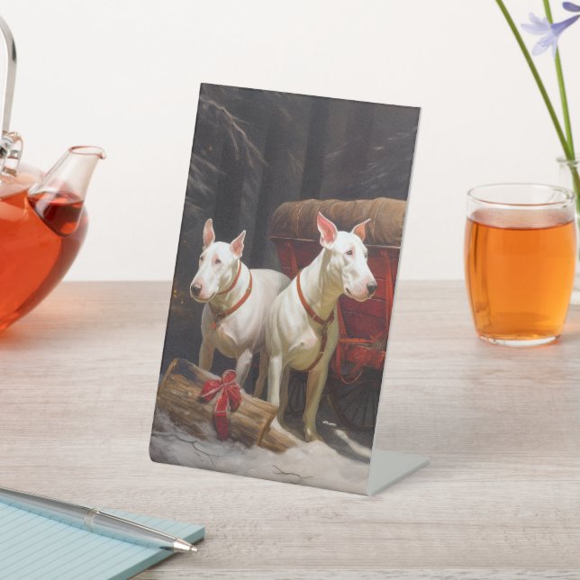 Bull Terrier Snowy Sleigh Weihnachtsdekor Sockelschild (In SItu)