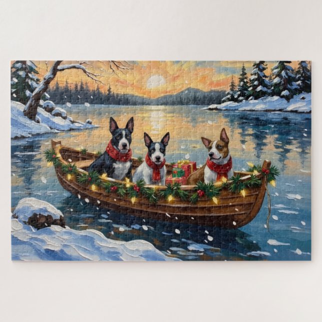 Bull Terrier Weihnachtsboot Urlaub Puzzle (Horizontal)