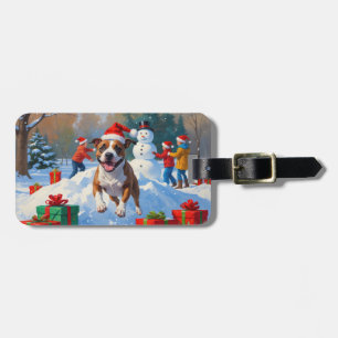 Bull Terrier Weihnachtsfest Schnee Szene Gepäckanhänger
