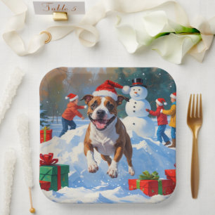 Bull Terrier Weihnachtsfest Schnee Szene Pappteller