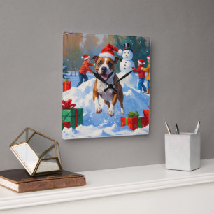 Bull Terrier Weihnachtsfest Schnee Szene Quadratische Wanduhr