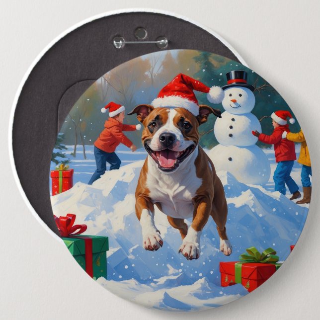 Bull Terrier Weihnachtsfest Schneeszene Button (Vorne & Hinten)