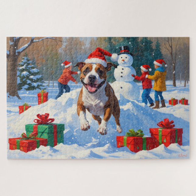 Bull Terrier Weihnachtsfest Schneeszene Puzzle (Horizontal)
