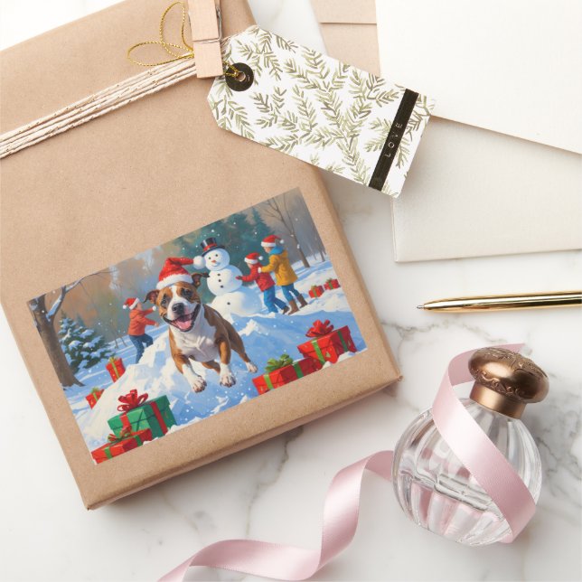 Bull Terrier Weihnachtsfest Schneeszene Rechteckiger Aufkleber (Schenken)