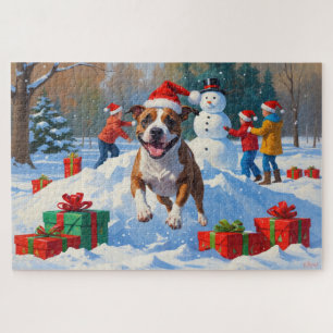 Bull Terrier Weihnachtsfestliche Schneeszene Puzzle