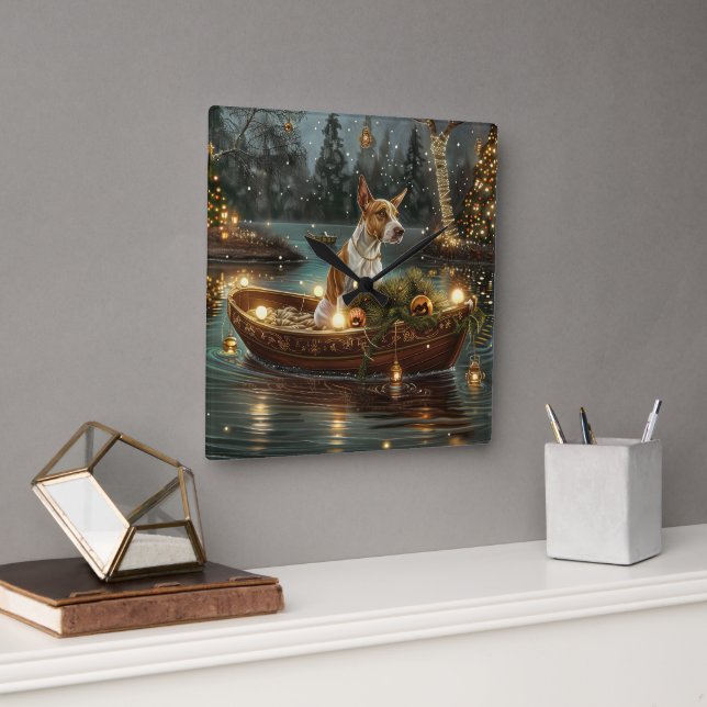 Bull Terrier Weihnachtsreise Quadratische Wanduhr (Büro)