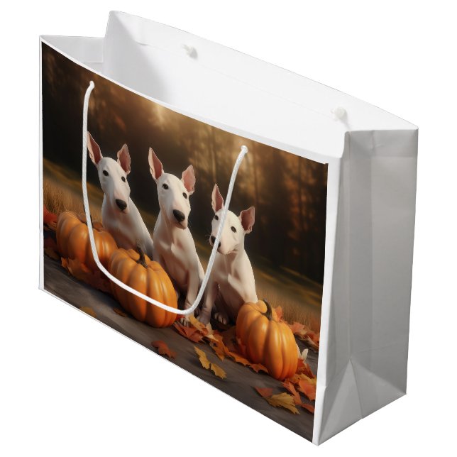 Bull Terrier Welpe Autumn Delight Pumpkin Große Geschenktüte (Vorderseite Schrägansicht)