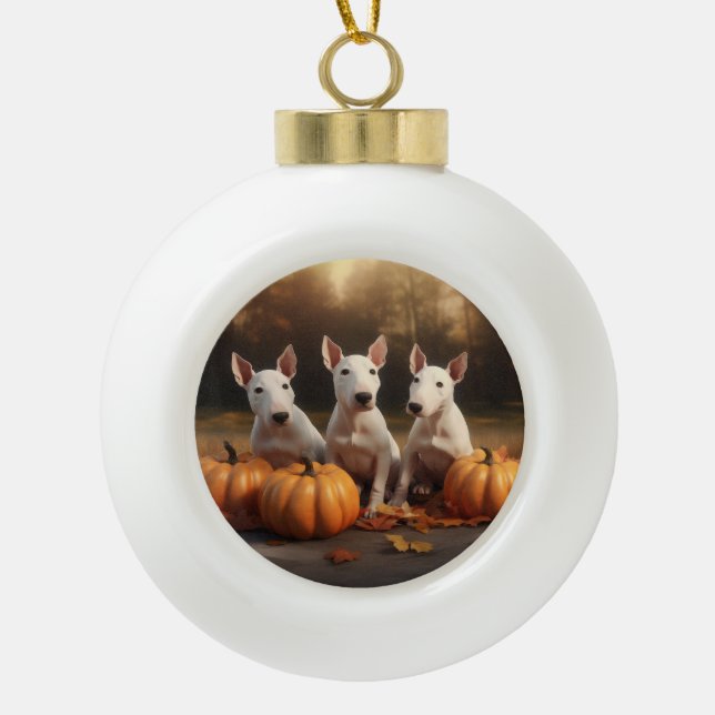 Bull Terrier Welpe Autumn Delight Pumpkin Keramik Kugel-Ornament (Vorderseite)