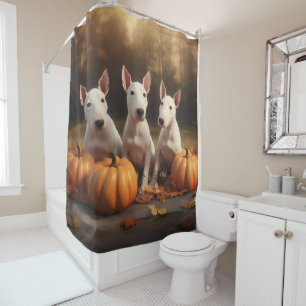 Bull Terrier Welpe Herbstfreude Kürbis Duschvorhang