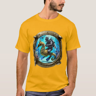 Bullaugenansicht eines Tauchers, der ein Seepferd T-Shirt