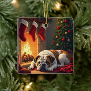 Bulldog am Kamin Weihnachtsbild Keramikornament