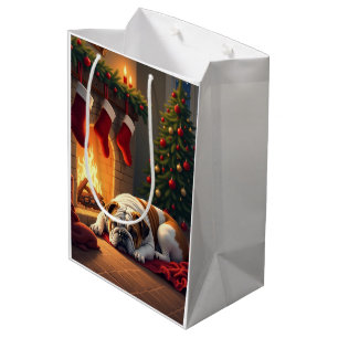 Bulldog am Kamin Weihnachtsbild Mittlere Geschenktüte