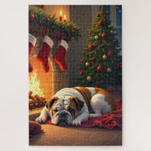 Bulldog am Kamin Weihnachtsmalerei Puzzle