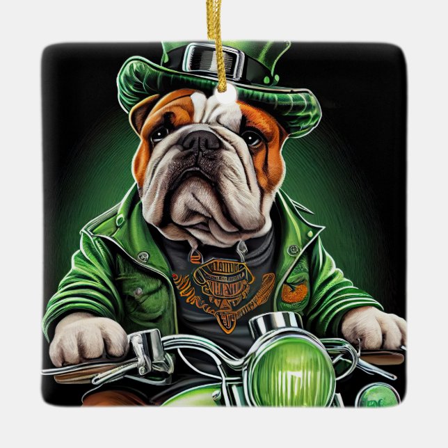 Bulldog Autofahrrad St. Patrick's Day Keramikornament (Vorderseite)