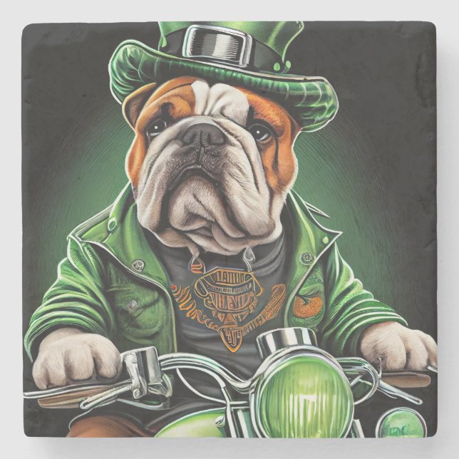 Bulldog Autofahrrad St. Patrick's Day Steinuntersetzer (Vorderseite)