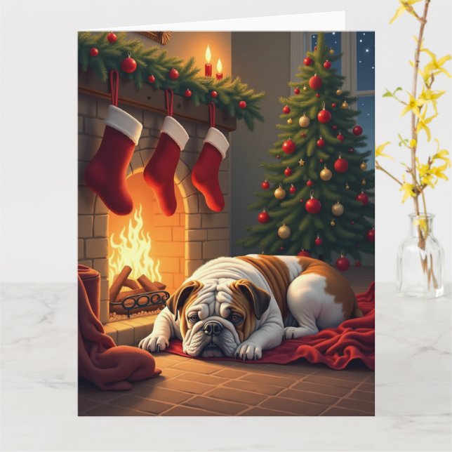 Bulldog by the Fireplace Christmas Painting Karte (Gelbe Blume)
