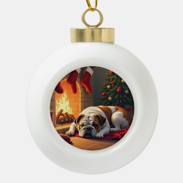 Bulldog by the Fireplace Christmas Painting Keramik Kugel-Ornament (Vorderseite)