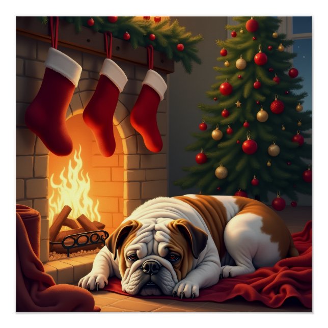 Bulldog by the Fireplace Christmas Painting Poster (Vorderseite)