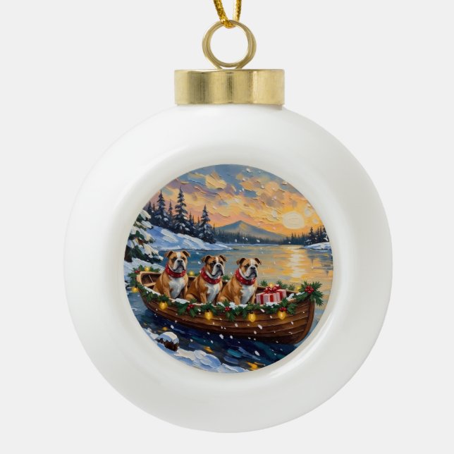 Bulldog Christmas Boat Holiday Keramik Kugel-Ornament (Vorderseite)
