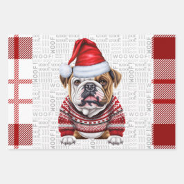 Bulldog Christmas Dog Red White Kariert Geschenkpapier Set
