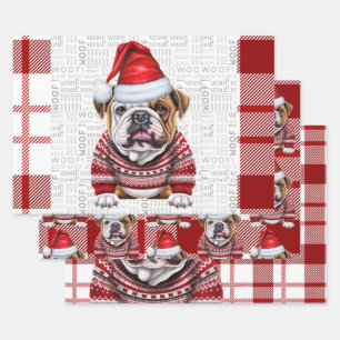 Bulldog Christmas Dog Red White Kariert Geschenkpapier Set