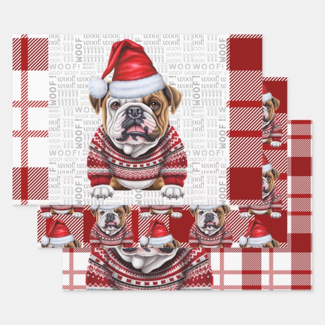 Bulldog Christmas Dog Red White Kariert Geschenkpapier Set (Set)