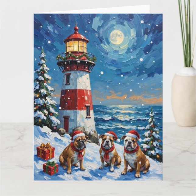 Bulldog Christmas Lighthouse Holiday Karte (Vorderseite)