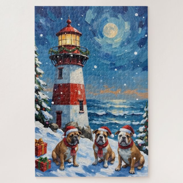 Bulldog Christmas Lighthouse Holiday Puzzle (Vertikal)