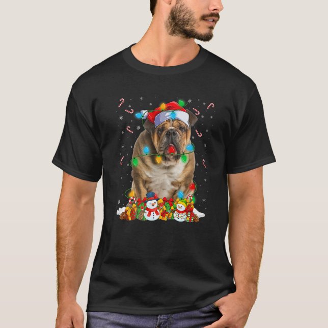 Bulldog Christmas Lights Funny Santa Hat Bulldog X T-Shirt (Vorderseite)