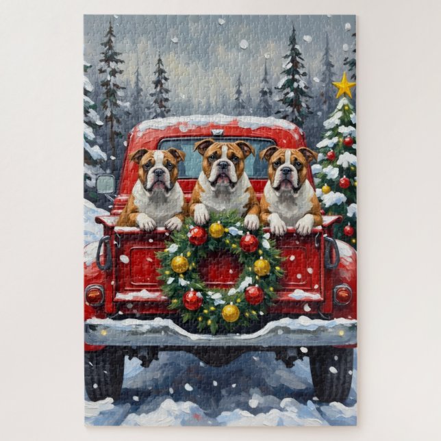 Bulldog Christmas Red Truck Holiday Puzzle (Vertikal)