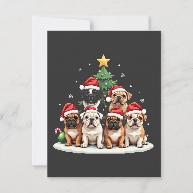 Bulldog Christmas Tree Weihnachtsmannmütze Welpe L Einladung (Vorderseite)