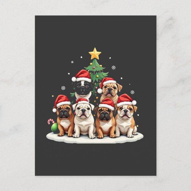 Bulldog Christmas Tree Weihnachtsmannmütze Welpe L Postkarte (Vorderseite)