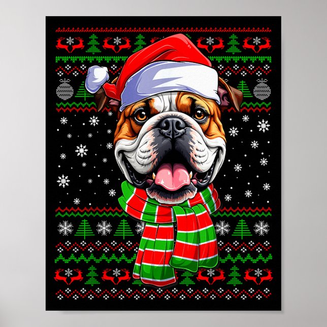 Bulldog Christmas Ugly Sweater Funny Santa Hat Dog Poster (Vorne)