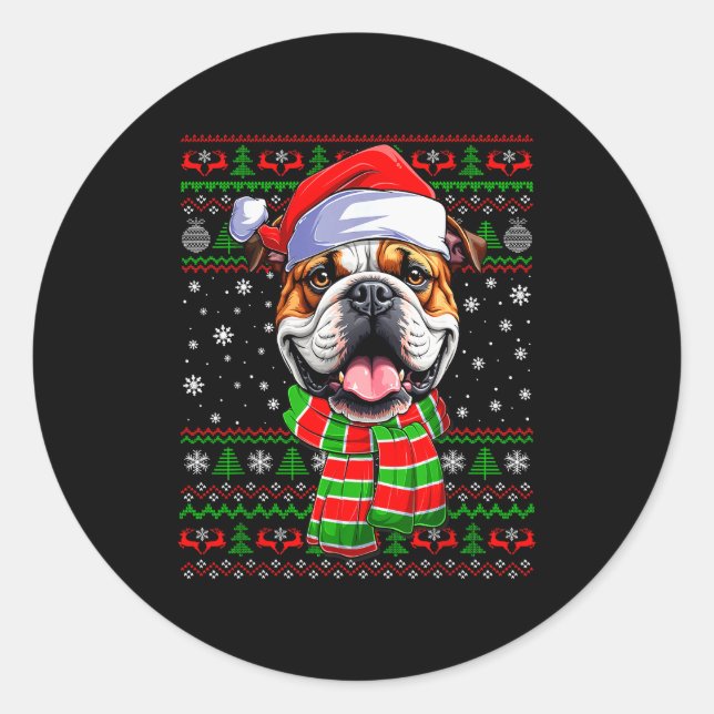Bulldog Christmas Ugly Sweater Funny Santa Hat Dog Runder Aufkleber (Vorderseite)