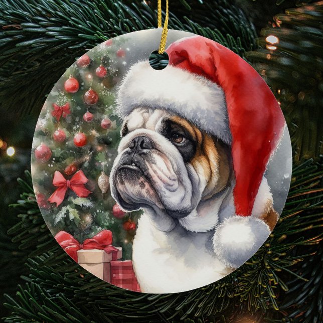 Bulldog, der eine Weihnachtsmannmütze Weihnachten  Keramik Ornament (Von Creator hochgeladen)
