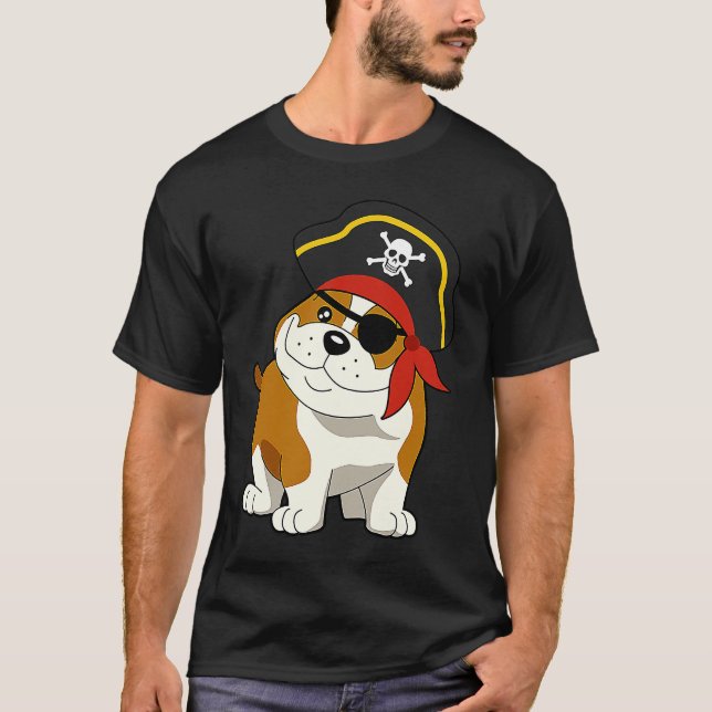 Bulldog Dog Pirate Captain with Skull Easy Hallowe T-Shirt (Vorderseite)