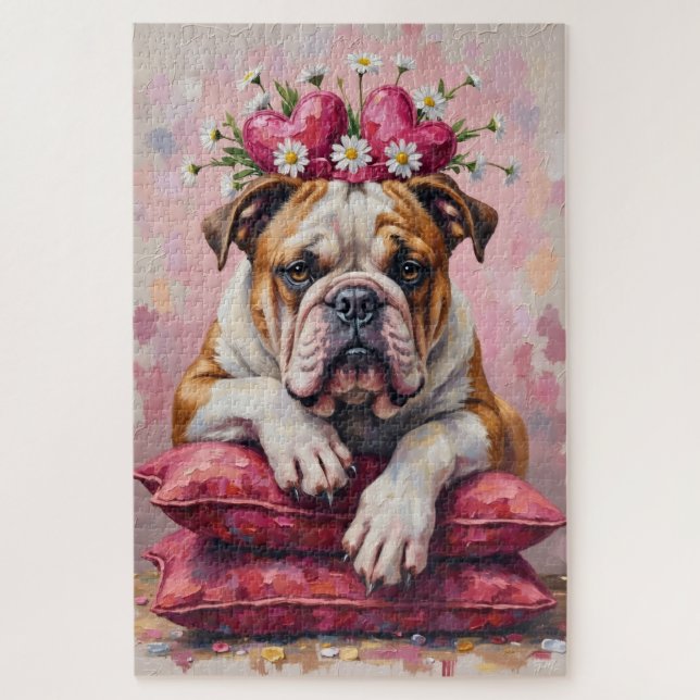 Bulldog Dog Valentine's Day Heart Ribbon Crown Puzzle (Vertikal)