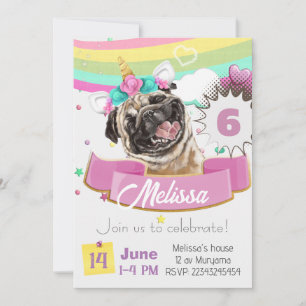 Bulldog-Einladung, Pug-Einhorn-Welpen-Geburtstag Einladung