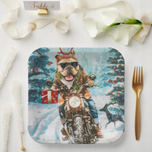 Bulldog fährt Motorrad Weihnachten Pappteller
