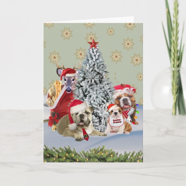 Bulldog-Familie um den Weihnachtsbaum Feiertagskarte (Vorderseite)
