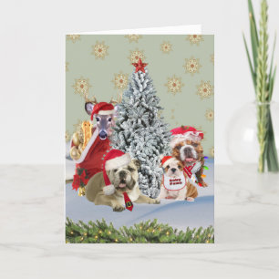 Bulldog-Familie um den Weihnachtsbaum Feiertagskarte