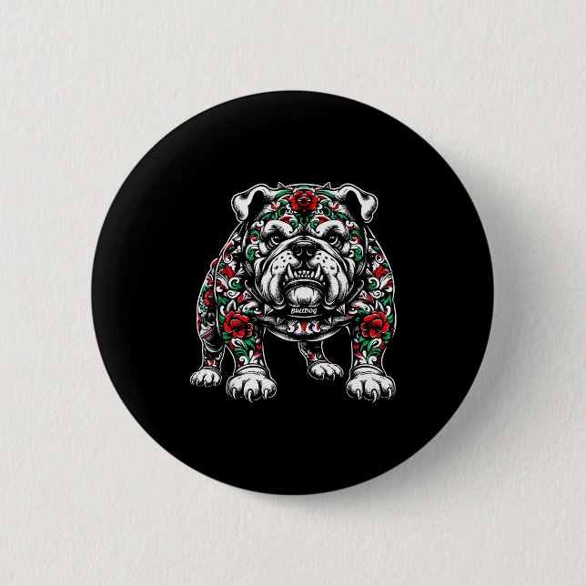 Bulldog Floral Red Rose Mens Womens  Button (Vorderseite)
