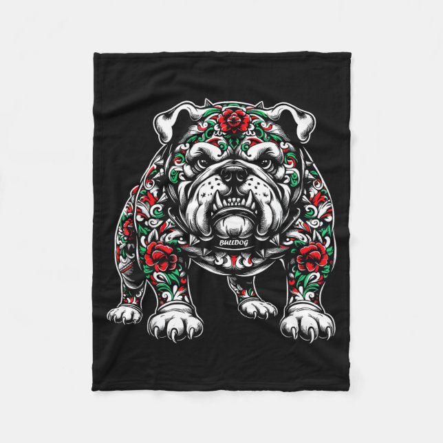 Bulldog Floral Red Rose Mens Womens  Fleecedecke (Vorderseite)
